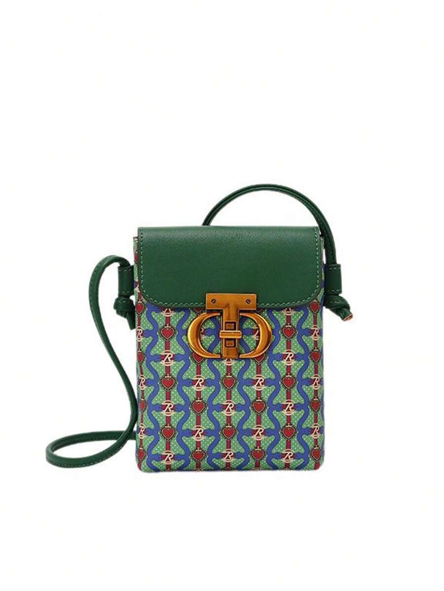 Tas Ponsel Mini Selempang Wanita Motif Hati Geometris Vintage, Tas Ponsel Vertikal Motif Blok Warna Retro dengan Pegangan Atas - MultiWarna - View 1