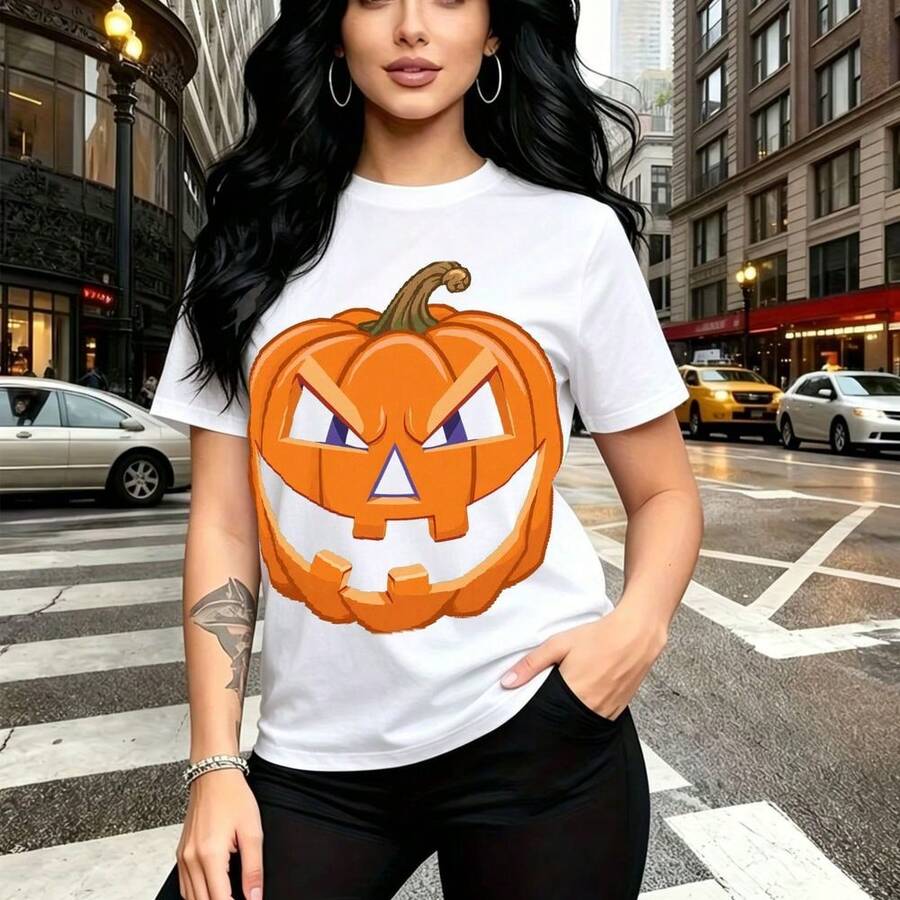 Camiseta de mujer con estampado de calabaza de Halloween estilo urbano con ojos brillantes y sonrisa amenazante - camiseta casual de manga corta, ajuste cómodo y moderno, ideal para calles y fiestas de otoño - regalo perfecto para mamá, esposa, novia - Blanco - Ver 1