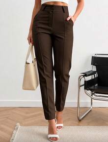 Women's Tailored Trousers, Social Casual, High-Waisted, Elegant And Comfortable, With Pockets And Covered Button. - 鏽棕色 - 查看 7