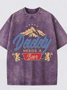 SummerGLEC Needs A Beer! This Retro Street Style T-Shirt Is A Classic Retro Fashion Casual Mountain Lion Popular Letter Pattern Print, Made Of 230g Wa - 紫色 - 查看 1
