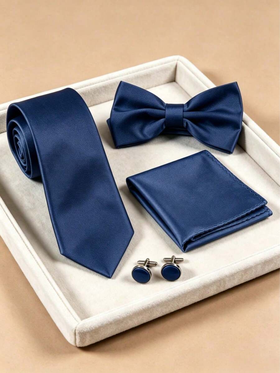 Juego de 4 piezas de corbata, pajarita, pañuelo de bolsillo y gemelos de poliéster de unicolor para hombres, para bodas - Azul Marino - Ver 1