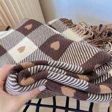 Cachecol Feminino Xadrez Corações Inverno Elegante Quente Macio Franjas Lenço Fashion Luxo - Castanho - Visão 3