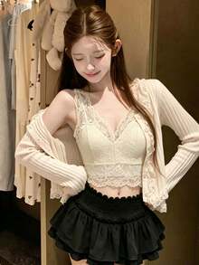 2026 Lace 2-Piece Set, V-Neck Lace Camisole + Ruffled Button Knit Cardigan Suit, Gentle Style Knit Outfit For Young Ladies, Suitable For Spring/Summer Daily Wear, Dates, Afternoon Tea - Apricot - View 7