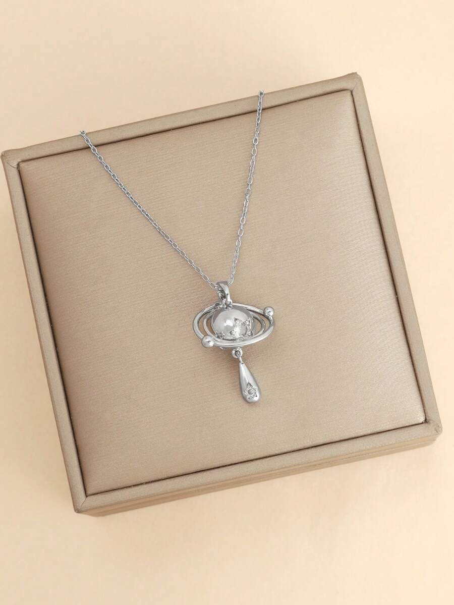 1pc Fashionable Minimalist Saturn Teardrop Rhinestone Pendant Necklace, Women Celestial Disc Clavicle Chain - Silver - View 1