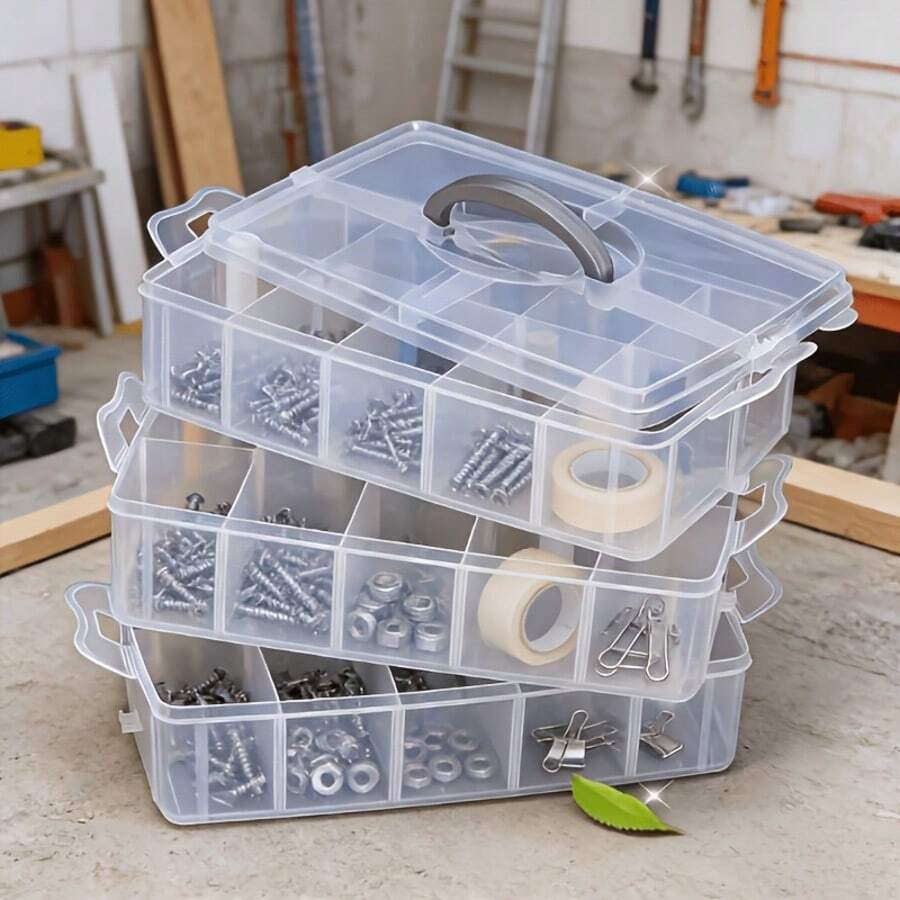 1pc Detachable 3-Layer 18-Compartment Transparent Storage Box With Lid And Handle, Hardware Parts Organizer, Perfect For Sorting And Storing Screws, Nuts And Bolts