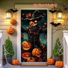 2D Flat 1PC Halloween Dark Door Banner, Pumpkin Head Witch Hat Scarecrow Printed Door Curtain Background, Suitable For Festivals, Haunted House Decorations, Theme Events, Polyester Material - A - View 1