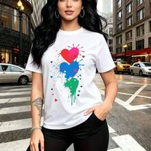 Camiseta de mujer con estampado moderno de tres corazones apilados en rojo, azul y verde con efecto salpicaduras - camiseta casual de manga corta con ajuste cómodo y estilo urbano vibrante - ideal para paseos por la ciudad, reuniones con amigas y reg - Blanco - Ver 11