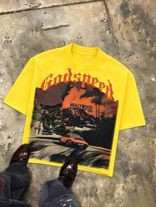 Y2K Tops, Godspeed Holly Wood Hills Orange Sunset Distressed Oversized Graphic Tee, Retro, Streetwear, Vintage, Drive Aesthetic, Baggy,   For Men - 黃色 - 查看 10