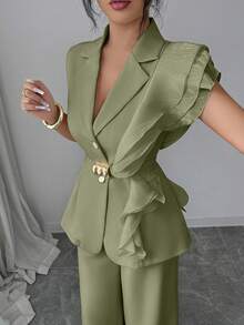 Elenzya Traje formal elegante de mujer color albaricoque, conjunto de blazer con cuello de volantes de organza con lentejuelas y cintura con lazo, que incluye chaqueta sin mangas y pantalones rectos, color burdeos, adecuado para Halloween, Navidad, Año Nuevo, ceremonia de graduación, boda y otras ocasiones - Verde - Ver 1