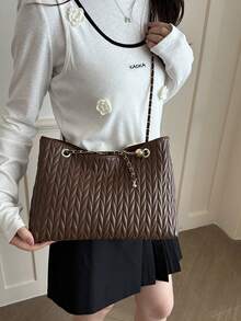 Bolso de mano de gran capacidad para mujer, bolso de hombro con cadena elegante, nueva bolsa de moda para debajo del brazo, bolso de lino retro - Café 3 - Ver 6