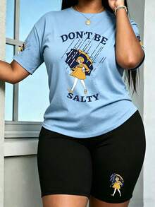 Setelan 2pcs Wanita Ukuran Plus Gaya Salt Girl Kasual Bergambar Celana Pendek dan Atasan Lengan Pendek, Sempurna untuk Liburan Musim Panas - Baby Blue - View 3