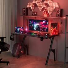 47 Inch Gaming Desk, Large Computer Gaming Desk Table With Management, Ergonomic Carbon Fiber Gamer Table Pc Work Home Office Desks With Cup Holder & Headphone Hook & Mouse Pad, Black - 47 - INCH - View 5