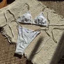 2026 New Solid Color Creative Spliced Pearl Flower Accessories Sexy Two-Piece Swimsuit Bikini - 白色 - 查看 5