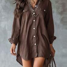 Camisa de mujer de manga larga de poliéster marrón, con cuello, diseño corto delante y largo atrás con bolsillos, para primavera - Marrón - Ver 2