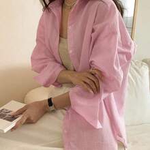 Camisa de botones con hombros caídos de color sólido, blusas de manga larga para otoño - Rosa - Ver 2
