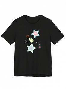 Cute Y2K Summer Top. 1 Pack. Cute Y2K Summer Top. 100% Cotton. Arty Cartoon Print, Women's Short Sleeve, Y2K Fashion, New Summer Arrivals, Suitable For Commuting, Casual And Elegant Wear. Perfect For A Casual Look. - 黑色 - 查看 1