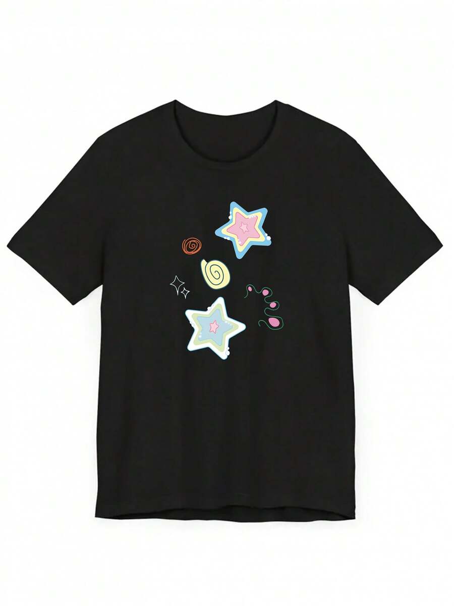 Cute Y2K Summer Top. 1 Pack. Cute Y2K Summer Top. 100% Cotton. Arty Cartoon Print, Women's Short Sleeve, Y2K Fashion, New Summer Arrivals, Suitable For Commuting, Casual And Elegant Wear. Perfect For A Casual Look. - 黑色 - 查看 1