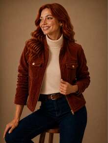 Women's Corduroy Jacket With Zipper, Casual Style, Elegant, Winter Fashion, Fluffy Velvet Zipper, Night, Vacation, School, Office, Daily. - 鏽棕色 - 查看 5