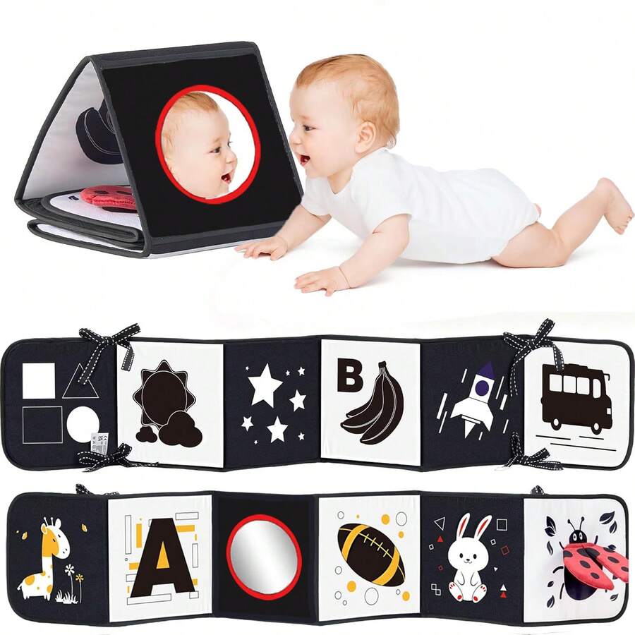Newborn Black & White Baby Book 1 - Tummy Time Mirror & Sensory Toy, Soft Montessori Toy For Infant Visual Stimulation, Brain Development And Early Learning, High Contrast Toy For Babies 6 Months+ - Multicolor - View 1