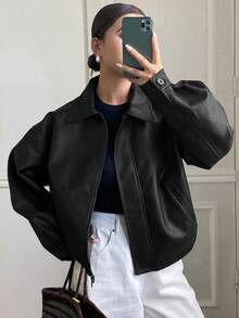 a regular de mujer de PU gruesa, suelta y casual, nueva para otoño/invierno - Negro 5 - Ver 1