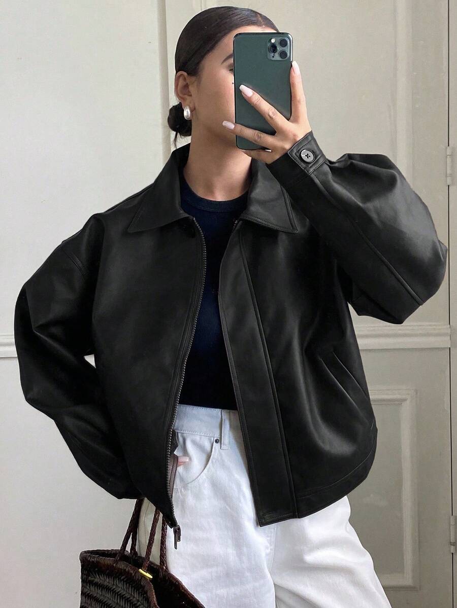 a regular de mujer de PU gruesa, suelta y casual, nueva para otoño/invierno - Negro 5 - Ver 1