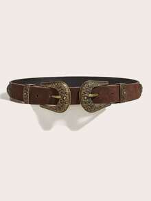 1pc Western Cowboy Style Double Buckle Coffee Brown Suede Women's Belt, Suitable For Jeans, Casual Pants, Daily Wear, Fashion Style, Outdoor Activities, Western Parties, Valentine's Day, Halloween, Music Festivals, Women, Mothers, Gifts, Birthdays, Vintage, Travel, All Seasons, Vacation - Brown - View 6