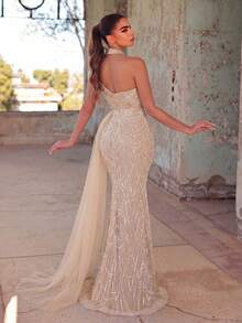 Faeriesty Elegant And Luxurious Asymmetric Neckline Side Pearl Embellished Formal Party Evening Gown And Embellished Dress Wedding - Champagne - View 2