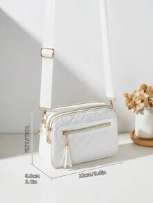 Fashionable Quilted Diamond Pattern Multi-Layer Crossbody Shoulder Bag For Women With Hanging Strap - White - View 3