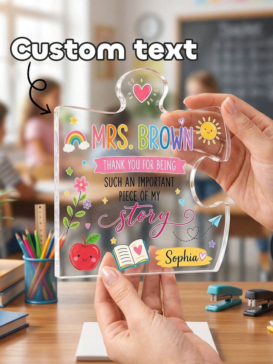 1pc Personalized Acrylic Puzzle Teacher Award Plaque, Customized Name Thank You Teacher Stand, Student Gift For Teacher, Classroom Desk Decor Keepsake, Back To School, Perfect Souvenir For Educators, End Of School Year Award, Graduation Gift - Multicolor - View 1