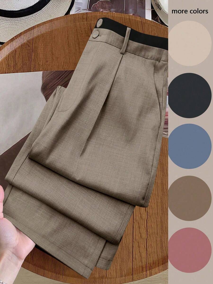 Pantalones rectos con cintura contrastante para mujer talla grande - Negro - Ver 1