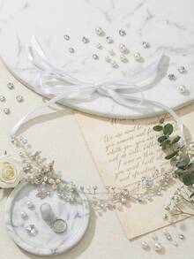 1 pieza Diadema suave y romántica, accesorio para el cabello de novia con decoración de cristales, perlas y enredaderas, diadema de boda hecha a mano con lazo de cinta de satén - Multicolor - Ver 9
