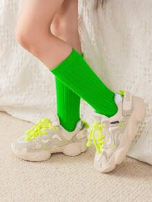 1 Pair Children's Solid Color Mid-Calf Socks, Girls' Ribbed Socks For Spring, Autumn & Winter, Knitted Fabric, Boys' Candy Color Simple Versatile Socks, Suitable For 2-6 Years Old Kids All Seasons - Multicolor - View 21