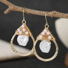 Bohemian Gold Wire Wrapped Pearl Drop Earrings, Fashion Earrings For Holiday And Daily Wear - Gold - View 6