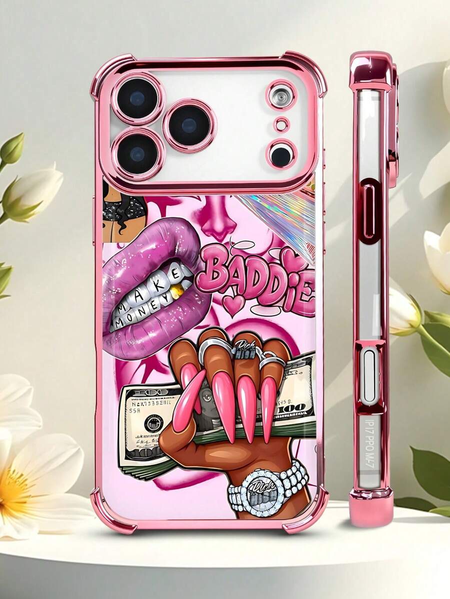 1 Piece Fashion Phone Case. Does Not Include Lanyard Or Stand. 1 Unit Galvanized Corner Air Cushion Shockproof/Thick Transparent TPU Case, Pink Lip Makeup Nail Money BADDIE Fashion Art Pattern, Compatible With 17/16/15/14/13/12/X/PLUS/PRO/PROMAX, Galaxy S25/S24/S23/S22PLUS/Ultra, Waterproof, Drop Resistant Scratch Resistant - 粉色 - 查看 1