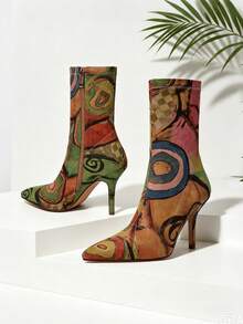 All Over Print Summer Ankle Boots For Women - Pointed Toe Stiletto Heels Shoes For Women Elastic Side Zip, Spring Fashion Unique Stretch Fabric With Print-Elegant Sexy Style For Commuting High Heels Boot Sandals, Summer Boots,Wedding Valentine's Day, Music Festival Party & Sexy Night Shoes Random (Each Pair May Vary For Surprise) - Bất thường-B - Xem 4