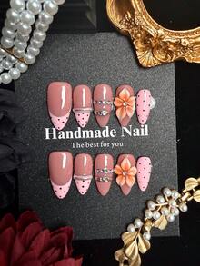 10 piezas de uñas postizas de forma almendrada hechas a mano, estilo Y2K, nude con puntas francesas rosas, lunares, flores 3D y cristales, juego de uñas postizas de acrílico de alta calidad, adecuado para el uso diario y festivo de las mujeres - Multicolor - Ver 3
