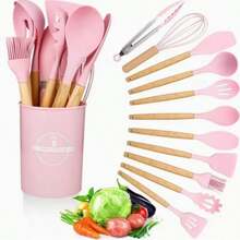 12-Piece Silicone Kitchen Utensil Set With Stand, Cooking Utensil Set, Heat-Resistant Kitchen Gadget Set With Wooden Handle, A Kitchen Essential. - Pink - View 2