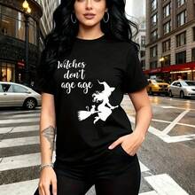 Camiseta de mujer con estampado de bruja voladora y frase "Witches don't age" - camiseta casual de manga corta con ajuste cómodo y estilo urbano, ideal para Halloween en México, salidas nocturnas y eventos temáticos - regalo perfecto para mamá, espos - Negro - Ver 10