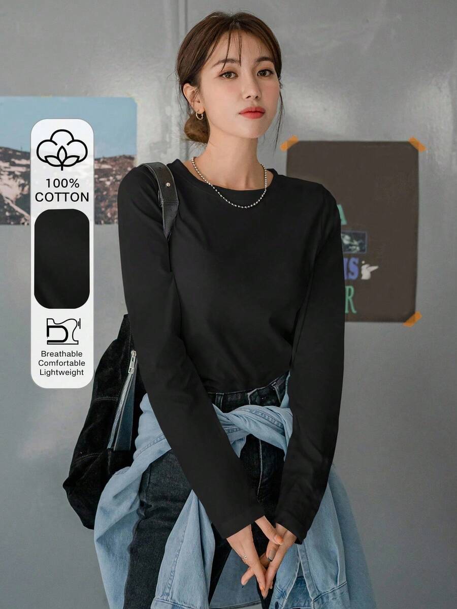 Camiseta holgada de manga larga, cuello redondo, unicolor, estilo minimalista - Negro - Ver 1