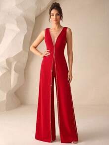 Diamond Chain Decor Deep V-Neck Sleeveless Split Leg High-End Evening Gown Pants - Red - View 4
