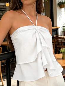 Womens Ruffle Halter Tops Summer Fashionable Spaghetti Strap Backless Going Out Vest - White - View 1