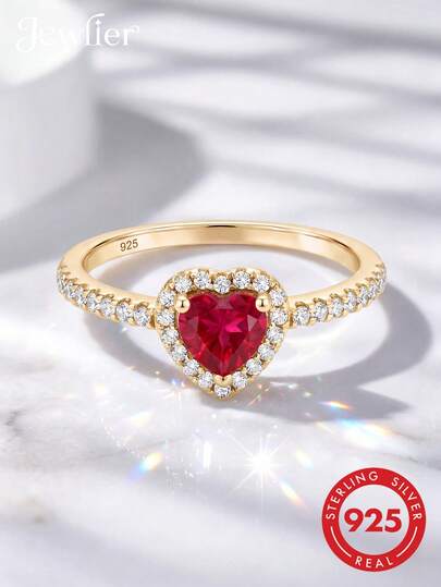 1 pieza Anillo de plata de ley 925 con forma de corazón y circonita roja, color blanco, con caja de regalo, conjunto de joyas, regalo de joyería exquisito para mamá, abuela, esposa en aniversario