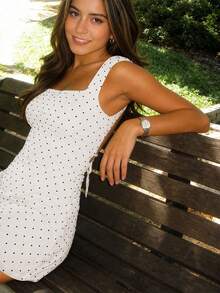 Damen Sommer Sexy Urlaubsstil Polka Dot Muster Rückenfrei Bindegürtel Kleid Elegant Weiß - Weiss - Übersicht 2