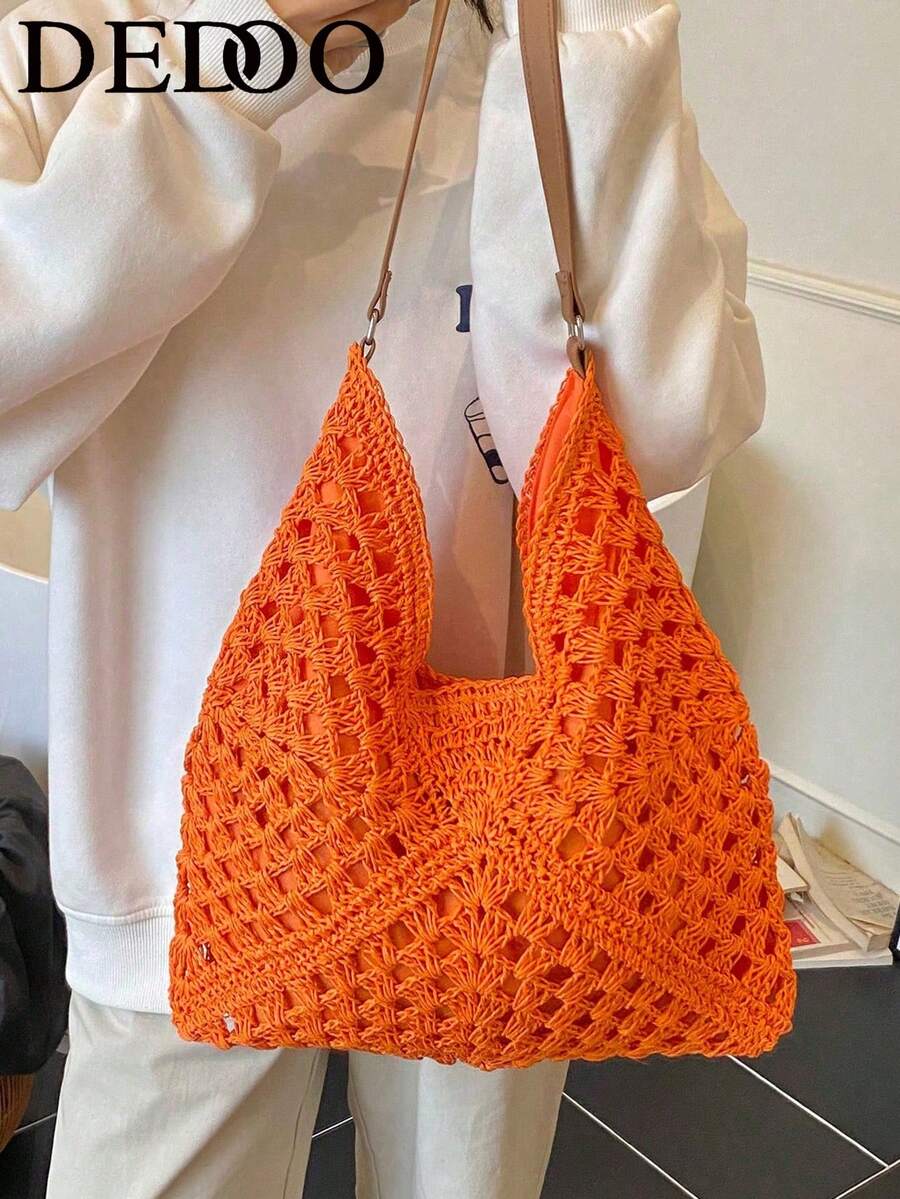 Dedoo Tas Tangan Jerami Berongga Kapasitas Besar Gaya Liburan, Tas Bahu Anyaman Bohemian, Gaya Kasual Retro Romantis dengan Pola Geometris Diagonal Anyaman Tiga Warna, Desain Berlapis yang Kaya Secara Visual, Cocok untuk Perjalanan, Pantai, Liburan Musim Panas, Belanja, dan Hadiah.
