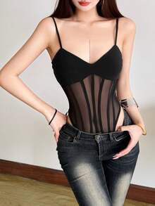 Black Sleeveless Knit Bodycon Tank Top For Women, With Sheer Waist Design, Slim Fit - Black - View 1