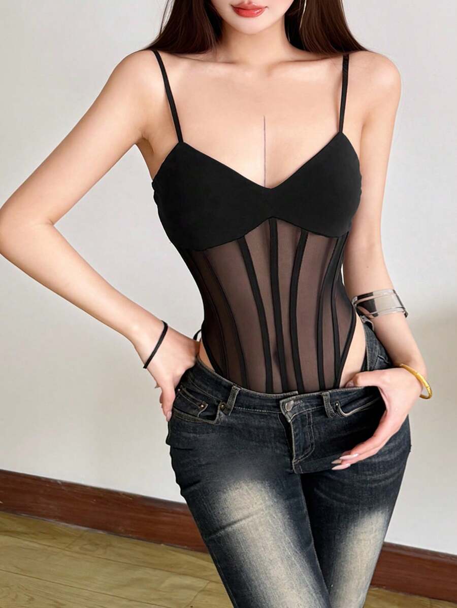 Black Sleeveless Knit Bodycon Tank Top For Women, With Sheer Waist Design, Slim Fit - Black - View 1