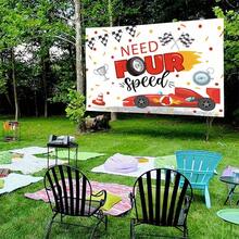 1pc Racing Theme 4th Birthday Backdrop, Red Car Design With Checkered Flag And Trophy, Durable Polyester Photography Background Cloth For Cake Table, Photo Booth, Studio Props - 12 - View 3