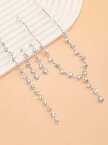 Set de 3 piezas de joyería con collar, aretes y pulsera con cristales, adecuado para uso diario u ocasiones románticas como bodas - JG-2914 Conjunto de joyas blancas - Ver 10