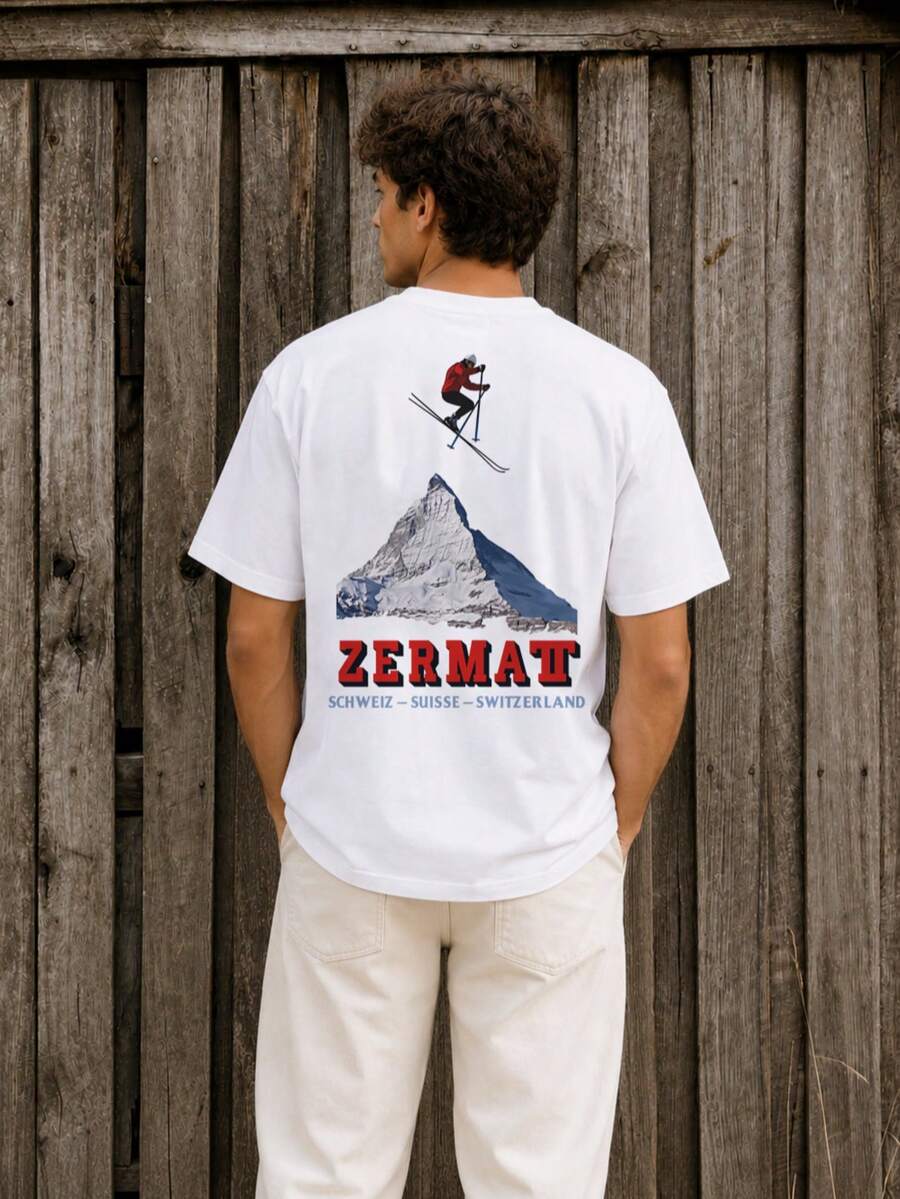 Men's Summer Daily Casual American Retro "Matterhorn-Skier" Graphic Round Neck Short Sleeve T-Shirt, Suitable For Home, Office, Outdoor, City, Regular, Street, Leisure, Youth, Minimalist, Campus, Versatile, Textured, Elegant, Personalized, Sports - White - View 1
