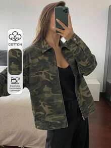 Chaqueta vaquera casual y holgada con estampado de leopardo para mujer - Verde militar - Ver 1